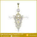 Fancy CZ Cluster Dangle Belly Button Ring / Surgical Steel Gold Plated Navel Ring